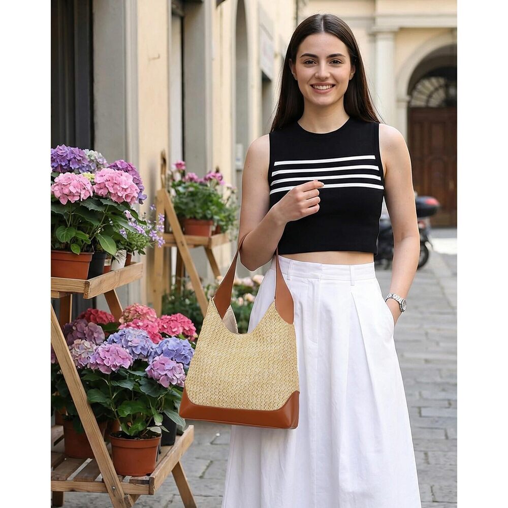 Woven Straw Hobo Tote Bag for Women Brown - Picture 3 of 8